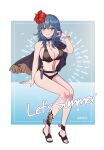 1girl alluring alternate_costume bare_legs bikini black_bikini black_swimsuit blue_eyes breasts byleth_(fire_emblem) byleth_(fire_emblem)_(female) byleth_(summer)_(fire_emblem)_(female) cape dagger english_text female_only fire_emblem fire_emblem:_three_houses fire_emblem_heroes flower flower_in_hair grin hair_flower light-skinned_female light_skin lipstick looking_at_viewer medium_hair nintendo red_flower sandals sitting smile solo_female swimsuit teal_hair text wolf_llz