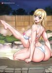 1girl ass bikini blonde_hair breasts dat_ass fairy_tail hot_spring huge_ass huge_breasts kactzzu long_hair long_legs lucy_heartfilia onsen outside smile thighs thong thong_bikini white_bikini white_thong