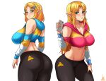  2_girls a_link_between_worlds alluring alternate_costume ass bangs big_breasts blonde_hair blue_eyes blush breasts colored earrings elf_ears green_eyes hood jmg large_ass long_hair long_sleeves midriff nintendo phone princess_zelda short_hair tears_of_the_kingdom the_legend_of_zelda the_legend_of_zelda:_a_link_between_worlds the_legend_of_zelda:_tears_of_the_kingdom tight_clothing triforce triforce_earrings yoga_pants zelda_(a_link_between_worlds) zelda_(tears_of_the_kingdom) 