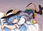 1girl black_legwear black_panties blue_hair blush female food fruit hat hinanawi_tenshi long_hair looking_at_viewer lying neropaso on_stomach panties peach red_eyes skirt skirt_lift solo thighhighs touhou underwear upskirt