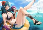 1girl 1girl alluring bare_legs big_breasts bikini black_bikini black_swimsuit blue_eyes byleth_(fire_emblem) byleth_(fire_emblem)_(female) byleth_(summer)_(fire_emblem)_(female) expulse fire_emblem fire_emblem:_three_houses fire_emblem_heroes flower flower_in_hair innertube lips looking_at_viewer nintendo red_flower sideboob swimsuit teal_hair