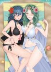 2_girls 2girls alluring ass_cleavage beach beach_towel big_breasts bikini black_bikini black_swimsuit blue_eyes butt_crack byleth_(fire_emblem)_(female) byleth_(summer)_(fire_emblem)_(female) cryptid_crab dress female_only fire_emblem fire_emblem:_three_houses fire_emblem_heroes green_eyes green_hair legs long_hair multiple_girls ninja ocean rhea_(fire_emblem) rhea_(summer)_(fire_emblem) rhealeth swimsuit swimwear teal_hair undressing white_swimsuit