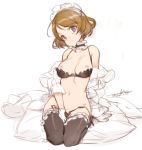 1girl arm_support ascii_media_works between_legs between_thighs black_bra black_legwear black_panties bra breasts brown_hair choker covering covering_crotch cushion female frilled_legwear frills gloves hand_between_legs headdress koizumi_hanayo love_live!_school_idol_project maid_headdress nipples off_shoulder ooyari_ashito open_clothes open_shirt panties purple_eyes seiza shelf_bra shirt short_hair side-tie_panties sitting sketch sleeves_rolled_up solo tears thighhighs underwear underwear_only untied white_background white_gloves