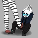  2010s 2d 2d_(artwork) animated_skeleton blue_blush blush bottom_sans clothed digital_media_(artwork) domination drooling eli-sin-g faceless_character foot_on_crotch grey_background handcuffed handcuffs hands_over_head kolesjoie looking_up male male_focus malesub monster neck_tie necktie prison_clothes prison_outfit saliva sans sans_(undertale) simple_background skeleton solo_focus stepped_on submissive submissive_male sweat tumblr uke_sans undead undertale undertale_(series) uniform unseen_character video_game_character video_games 