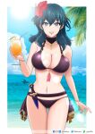 1girl 1girl 1girl alluring alternate_costume animeleo ass_visible_through_thighs bare_shoulders beach big_breasts bikini black_bikini black_swimsuit breasts byleth_(fire_emblem) byleth_(fire_emblem)_(female) byleth_(summer)_(fire_emblem)_(female) cleavage drink fire_emblem fire_emblem:_three_houses fire_emblem_heroes holding holding_drink leoanimet looking_at_viewer medium_hair midriff navel nintendo official_alternate_costume outside outside smile summer swimsuit