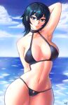 1girl alluring alternate_costume bare_thighs big_breasts bikini black_bikini black_swimsuit blue_eyes byleth_(fire_emblem) byleth_(fire_emblem)_(female) cleavage dracksart eyeshadow female_only fire_emblem fire_emblem:_three_houses makeup medium_hair nintendo smile swimsuit teal_hair thick_thighs thighs