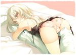bare_back bare_shoulders blonde blush dress fat_mons female hair long_hair looking_back lying nekomu on_stomach original original_character oshiri panties paw_print pillow pillow_hug solo strap_slip thighhighs white_legwear yellow_eyes