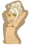 1girl armpits arms_up bikini bottomless female flat_chest highres long_hair looking_at_viewer micro_bikini mota navel original red_bikini solo swimsuit white_hair yellow_eyes