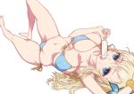 1girl bikini blonde_hair blue_eyes boku_wa_tomodachi_ga_sukunai breasts butterfly_hair_ornament covered_nipples erect_nipples female front-tie_top hair_ornament hirose_(mokiki) kashiwazaki_sena large_breasts long_hair looking_at_viewer lying navel on_back popsicle shiny shiny_skin side-tie_bikini simple_background skindentation solo swimsuit white_background