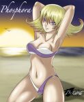 1girl 1girl alluring bikini blonde_hair breasts english_text female_focus kid_icarus kid_icarus_uprising nintendo phosphora purple_eyes smile sunset swimsuit