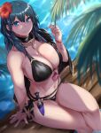 1girl 1girl 1girl alluring big_breasts big_breasts bikini black_bikini black_swimsuit blue_eyes byleth_(fire_emblem)_(female) byleth_(summer)_(fire_emblem)_(female) female_focus female_only female_protagonist fire_emblem fire_emblem:_three_houses fire_emblem_heroes long_hair looking_at_viewer medium_hair moisture_(chichi) nintendo possible_duplicate red_flower sideboob smile solo_female solo_focus swimsuit teal_hair