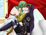  2_girls alluring armlet armor artist_request bad_id bare_shoulders bed belt blue_hair blush boots bracer breasts circlet closed_eyes crossover crown fire_emblem fire_emblem_awakening gold green_hair hair_over_eyes jewelry kid_icarus kissing long_hair lots_of_jewelry lucina lucina_(fire_emblem) multiple_girls necklace nintendo palutena tiara very_long_hair yuri 