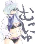 1girl belly_grab bra breasts cleavage female highres letty_whiterock lifted_by_self lingerie mouth_hold navel panties plump sape_(saperon_black) saperon shaded_face shirt_lift simple_background solo text touhou underwear weight_conscious white_background