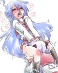  2girls ass ass_grab blue_hair blush cunnilingus female hair_ribbon hand_on_another's_head hand_on_head hiiragi_kagami izumi_konata kagami_hiiragi kogaku_kazuya konata_izumi lucky_star multiple_girls open_mouth oral purple_hair ribbon sweat yuri 