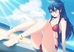 1girl 1girl abemochi alluring anklet barefoot beach bikini blue_eyes blue_hair bracelet feet fire_emblem fire_emblem_awakening full_body jewelry long_hair lucina matching_hair/eyes nail_polish nintendo red_bikini sitting swimsuit toenail_polish toenails toes