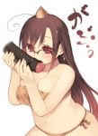  1girl ahoge arima_senne bikini bite biting blush breasts brown_eyes brown_hair cleavage dark_penis female foreskin glasses horn horns interracial kashiwamochi_yomogi large_breasts long_hair oni original penis penis_biting plump setsubun solo_focus swimsuit tiger_print uncensored 