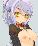  1girl breasts female framed_breasts glasses inverted_nipples large_breasts long_hair mota nipples original purple_hair semi-rimless_glasses solo under-rim_glasses yellow_eyes 