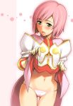 1girl blush dress dress_lift estellise_sidos_heurassein gloves green_eyes looking_away lowleg lowleg_panties panties pink_hair seki_suzume short_hair shy tales tales_of_(series) tales_of_vesperia underwear