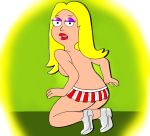  80sdisco_(artist) 80sdisco_(edit) american_dad blonde_hair cheerleader francine_smith kneel lipstick looking_back makeup micro_skirt mini_skirt no_panties open_mouth pleated_skirt shoes sideboob tongue 