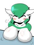 big_breasts breasts_on_table chest_jewel creatures_(company) game_freak gardevoir gen_3_pokemon green_hair hair_over_one_eye nintendo pokemon pokemon_(anime) pokemon_(creature) pokemon_(game) pokemon_(species) red_eyes simight