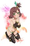  1girl brown_hair green_eyes highres kekke kneeling nan nan_(tales) panties petite ponytail short_hair side-tie_panties side_ponytail solo tales tales_of_(series) tales_of_vesperia thighhighs thighs topless torn_clothes underwear underwear_only 