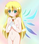 1girl blonde blonde_hair blush breasts colette_brunel female gloves green_eyes hair jewelry long_hair navel necklace nipples nude pussy solo tales tales_of_(series) tales_of_symphonia uncensored white_gloves wings