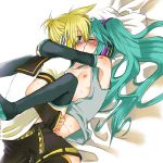  1boy 1girl aqua_hair bed blonde_hair blue_eyes blush bottomless breasts closed_eyes clothed_sex hair hatsune_miku hetero hug hugging kagamine_len kissing legs_up len_kagamine manao miku_hatsune nipples open_clothes open_shirt sex shirt sweat thighhighs twin_tails vaginal vocaloid 