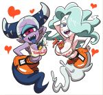  2_girls 2girls beer between_breasts big_breasts blue_hair breasts enraenra_(yo-kai_watch) fuumin_(yo-kai_watch) gashi-gashi hair heart hooters long_hair looking_at_viewer multiple_girls pointed_ears saliva smile smogmella_(yo-kai_watch) tongue tongue_out white_hair yo-kai_watch 