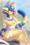  1girl 1girl 2020 2:3 animal_crossing ankha_(animal_crossing) anthro breasts detailed_background felid feline fur furry hair high_res jewelry mammal multicolored_hair nintendo nipple_piercing nipples piercing side_view tsampikos video_games wrappings yellow_body yellow_fur 