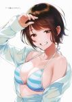 1girl arm_up big_breasts bikini_top breasts brown_eyes brown_hair cleavage halterneck looking_at_viewer off_shoulder original shirt short_hair simple_background smile striped_bikini swimsuit swimsuit_under_clothes teeth