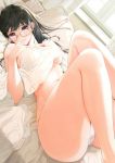 1girl ass bare_shoulders bed big_breasts black_hair blanket breasts curtains dutch_angle glasses knees_up long_hair looking_at_viewer lying megane on_back on_bed original panties purple_eyes sidelocks thighs topless underwear white_panties