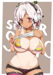  1girl bikini bikini_top blush breasts bursting_breasts cleavage curvy dark_skin female hair_ornament hairclip headphones hips huge_breasts jewelry konoma miyamoto_issa mound_of_venus navel necklace nitroplus one-piece_tan pink_hair red_eyes ribbon shirt_lift short_hair short_shorts shorts smile solo sonico soniko star string_bikini super_sonico super_soniko swimsuit tan tank_top tanline thighhighs thong_bikini twintails underboob wide_hips 