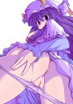 1girl anus ass bow eruichi_(redphantom) female from_below hair_bow hat long_hair looking_down panties panty_pull partially_visible_vulva patchouli_knowledge purple_eyes purple_hair pussy red_phantom solo touhou uncensored underwear very_long_hair