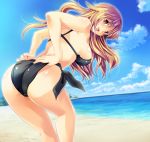  1girl adjusting_clothes adjusting_swimsuit ass beach bikini black_bikini blonde_hair breasts cleavage cloud female gradient_hair hijiri_byakuren large_breasts leaning_forward legs long_hair maki_(seventh_heaven_maxion) multicolored_hair ocean purple_hair side-tie_bikini sideboob sky solo swimsuit thighs touhou two-tone_hair water yellow_eyes 