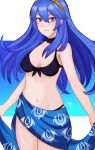  1girl alluring alternate_costume black_bikini black_swimsuit clothed clothing fire_emblem fire_emblem_awakening kgctcg long_blue_hair looking_at_viewer lucina lucina_(fire_emblem) nintendo pareo sarong small_breasts swimsuit symbol-shaped_pupils 