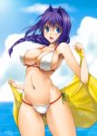 1girl armpits bare_shoulders bikini blue_eyes blush braid breasts cloud covered_nipples erect_nipples female gluteal_fold hair_intakes horizon kanon large_breasts lens_flare lips long_hair looking_at_viewer milf minase_akiko mitarashi_kousei navel ocean open_mouth purple_hair shiny shiny_skin side-tie_bikini single_braid skindentation sky smile solo sparkle standing string_bikini swimsuit thick_thighs thighs towel underboob water