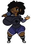 bbpanzu big_ass big_breasts big_thighs black_hair black_socks brown_skin carol_(bbpanzu) dark_blue_pants friday_night_funkin friday_night_funkin_mod gigantic_ass gigantic_breasts grey_background grey_clothing grey_shoes looking_at_another microphone naughty_face thicc