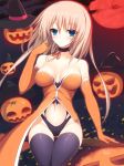  1girl bad_id black_legwear blonde_hair blue_eyes blush breasts brown_hair choker elbow_gloves female full_moon gloves halloween hat jack-o'-lantern kishiki_kanmitsu long_hair looking_at_viewer moon navel orange_(color) original outline red_moon ribbon_choker shikano_sumiaki solo thighhighs witch_hat 