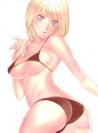  1girl ass bikini blonde_hair blue_eyes breasts dodai_shouji female heart heart-shaped_pupils highres lips looking_back original short_hair simple_background solo strap_gap string_bikini swimsuit symbol-shaped_pupils underboob white_background 