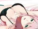  1girl black_bra bra breasts cleavage female green_eyes hullabaloo large_breasts lingerie long_hair looking_at_viewer lying on_back open_mouth original pink_hair solo strap_gap underwear 