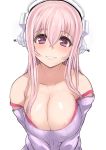 1girl areola_slip areolae bare_shoulders bra_strap breasts bust cleavage female headphones konoma large_breasts long_hair looking_at_viewer miyamoto_issa nitroplus off-shoulder_sweater off_shoulder pink_hair smile solo strap_slip super_sonico sweater upper_body