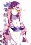 1girl aqua_eyes bikini_top bottomless breasts cleavage female flower hair_flower hair_ornament head_tilt large_breasts lips long_hair megurine_luka mole no_bikini_bottom pale_skin pink_hair shuri_(84k) solo sunglasses v_arms very_long_hair vocaloid