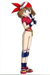  bandanna big_breasts bike_shorts blue_eyes brown_hair cleft_of_venus creatures_(company) full_body game_freak haruka_(pokemon) humans_of_pokemon may_(pokemon) nintendo pants_down panty_pull pokemon pokemon_(anime) pokemon_diamond_pearl_&amp;_platinum pokemon_dppt pussy short_hair simple_background standing white_background 