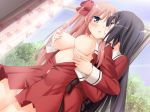 2girls ayase_miya azumi_risa black_hair blue_eyes blush breast_grab breasts female futanari game_cg grabbing grabbing_another's_breast groping hair_ribbon hairband kani_biimu large_breasts multiple_girls nipples open_clothes open_shirt panties peko red_eyes red_hair ribbon sample_watermark school_uniform shirt sono_hanabira_ni_kuchizuke_wo two_side_up underwear watermark yuri