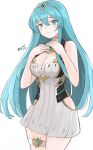 1girl 1girl 1girl alluring aqua_hair armor bangs big_breasts blush breasts cape cleavage cosplay dress eirika_(fire_emblem) embarrassed female_only fire_emblem fire_emblem:_the_sacred_stones hair_ornament high_res jewelry kgctcg long_hair looking_at_viewer mythra_(cosplay) nintendo no_bra no_panties no_underwear onee-chan revealing_clothes short_dress simple_background solo_female xenoblade_(series) xenoblade_chronicles_2