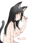  1girl animal_ears black_hair blush breasts cat_ears cat_tail female kei_jiei large_breasts long_hair nipples nude original solo tail wet yellow_eyes 