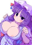 1girl breasts bursting_breasts bust cleavage eruichi_(redphantom) female hat large_breasts nipple_slip nipples patchouli_knowledge purple_eyes purple_hair red_phantom solo touhou upper_body wardrobe_malfunction white_background