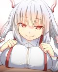 1girl bow breast_press breasts female fujiwara_no_mokou hair_bow large_breasts long_hair looking_at_viewer red_eyes shirt smile suspenders tori_(minamopa) touhou white_hair