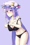  1girl adjusting_bra adjusting_clothes bare_shoulders big_head black_bra black_panties blush body_blush bra breast_hold breast_suppress breasts cleavage collarbone crescent crescent_moon dressing erect_nipples female hat hiroya_juuren large_breasts lingerie long_hair moon panties patchouli_knowledge purple_eyes purple_hair solo standing touhou underwear underwear_only 