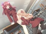 2girls black_legwear blonde_hair blush bottomless censored cunnilingus female female_only fingering futanari game_cg kneeling masturbation matsubara_yuuna multiple_girls no_panties oda_nanami oral panties panties_under_pantyhose pantyhose peko pussy_juice red_eyes red_hair ribbon ribbons school_uniform serafuku sono_hanabira_ni_kuchizuke_wo thighband_pantyhose thighhighs twintails underwear yuri